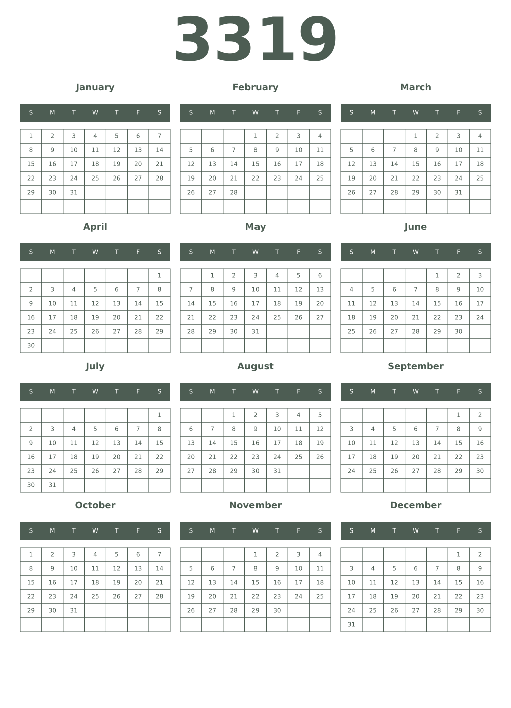 Printable 3319 Year Calendars feldgrau
