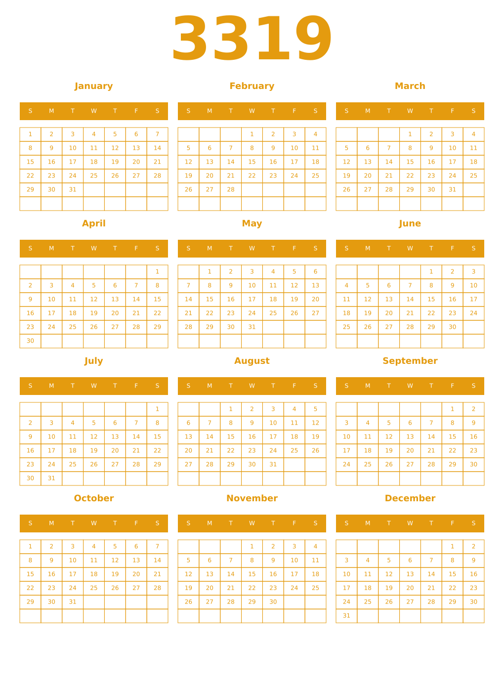 Printable 3319 Year Calendars gamboge