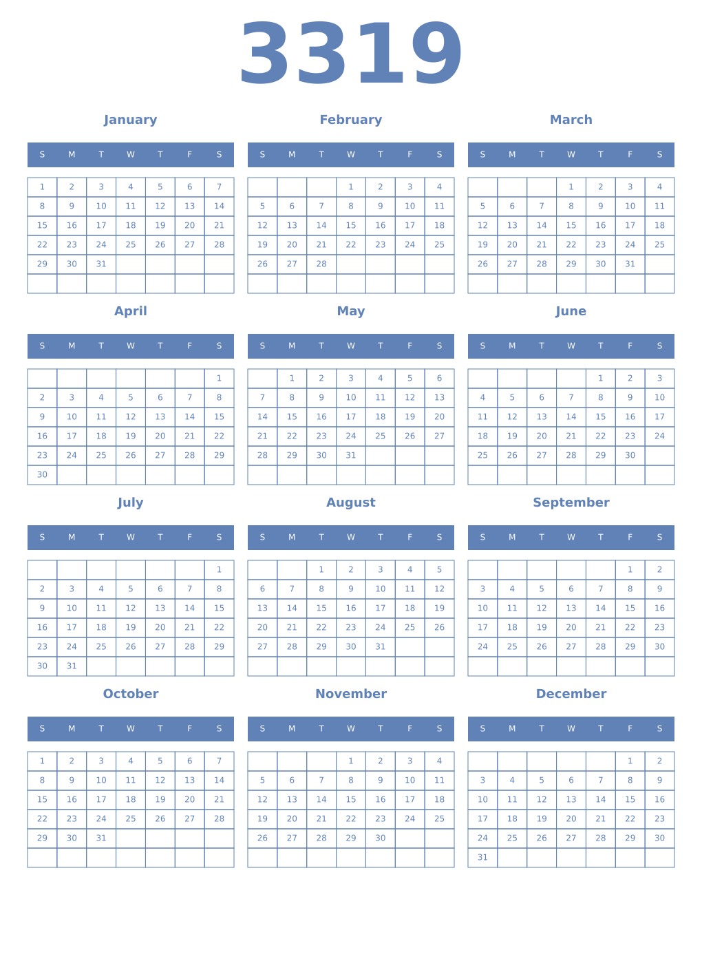 Printable 3319 Year Calendars glaucous