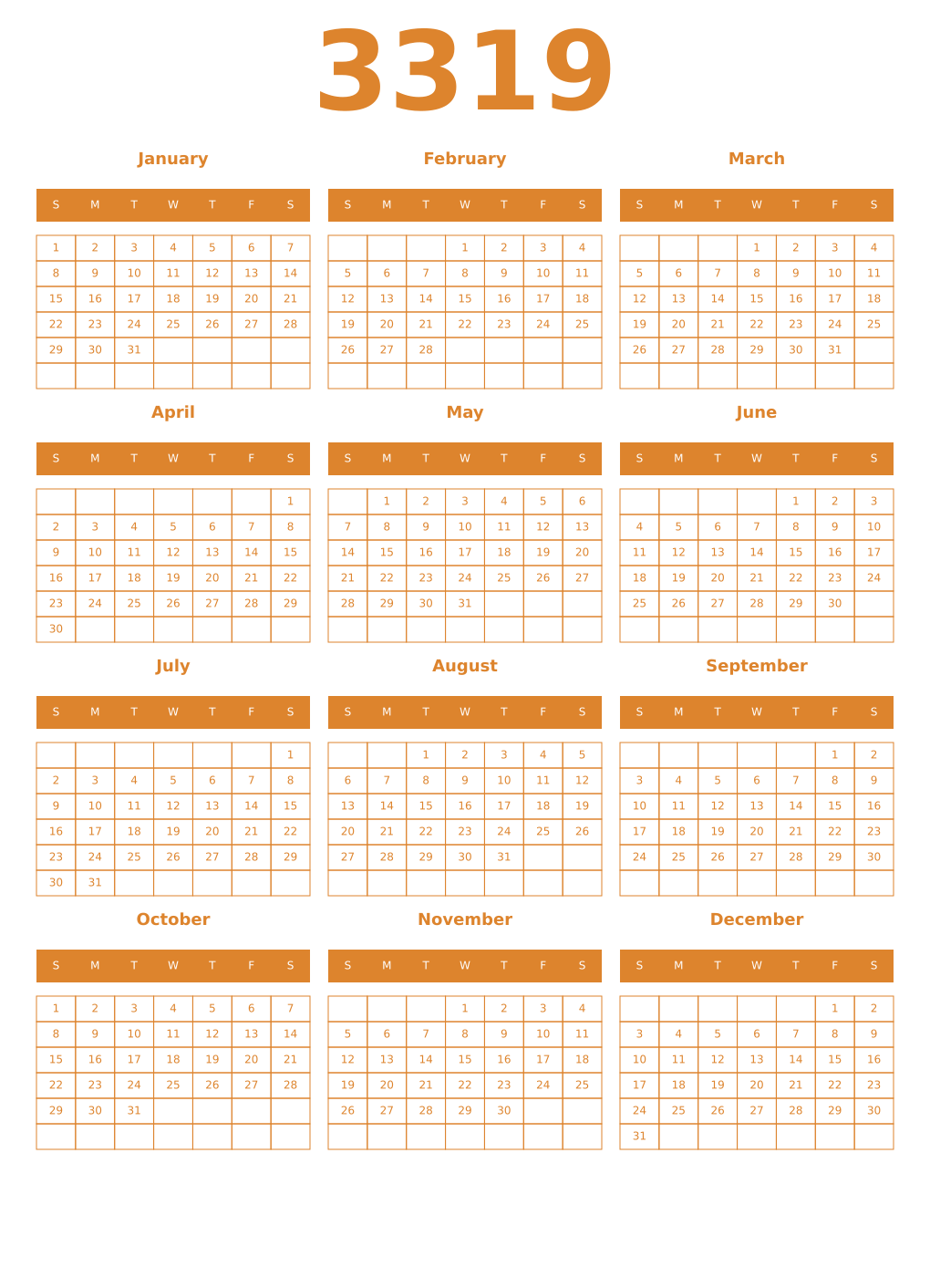 Printable 3319 Year Calendars orange