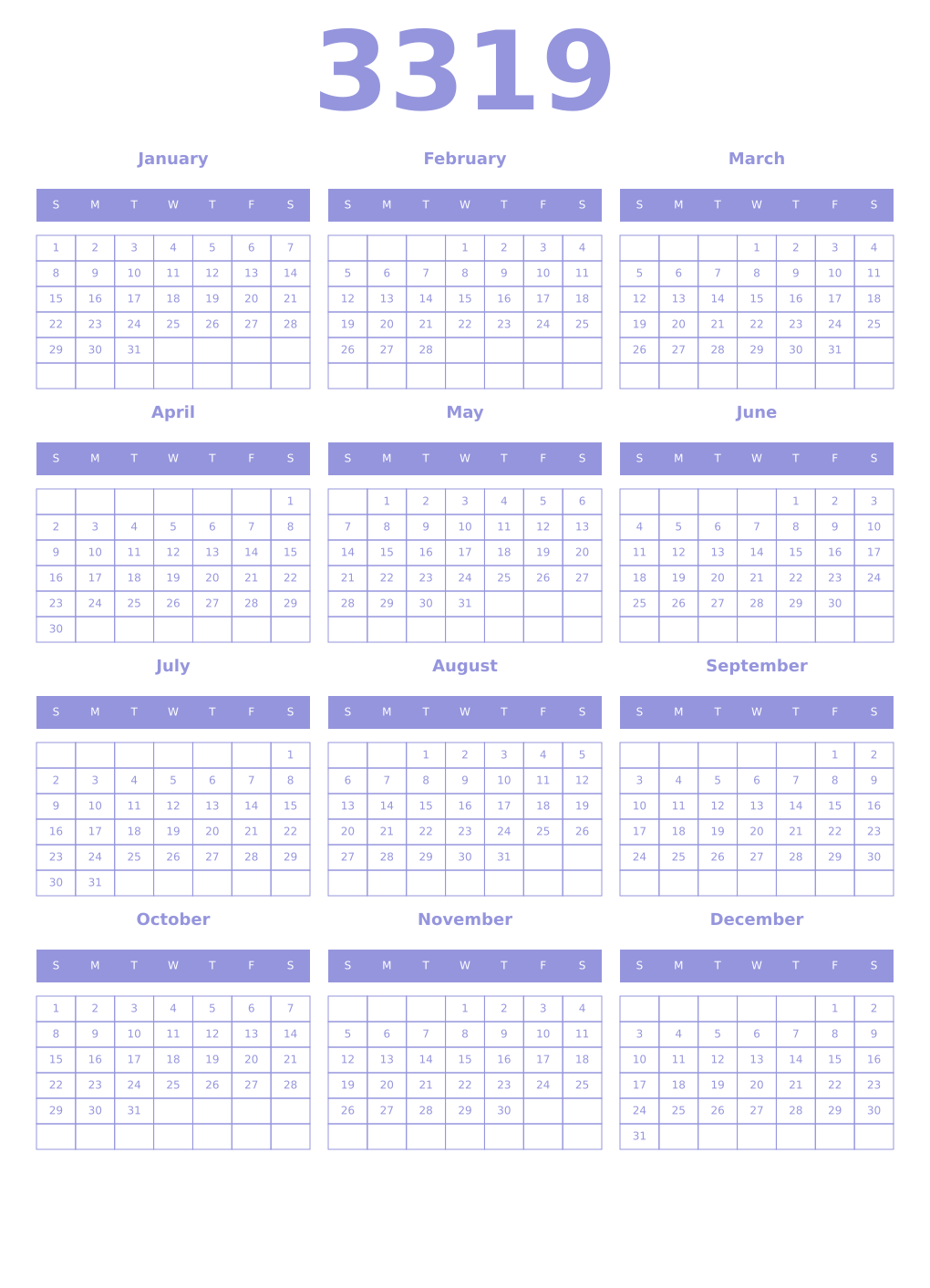 Printable 3319 Year Calendars periwinkle