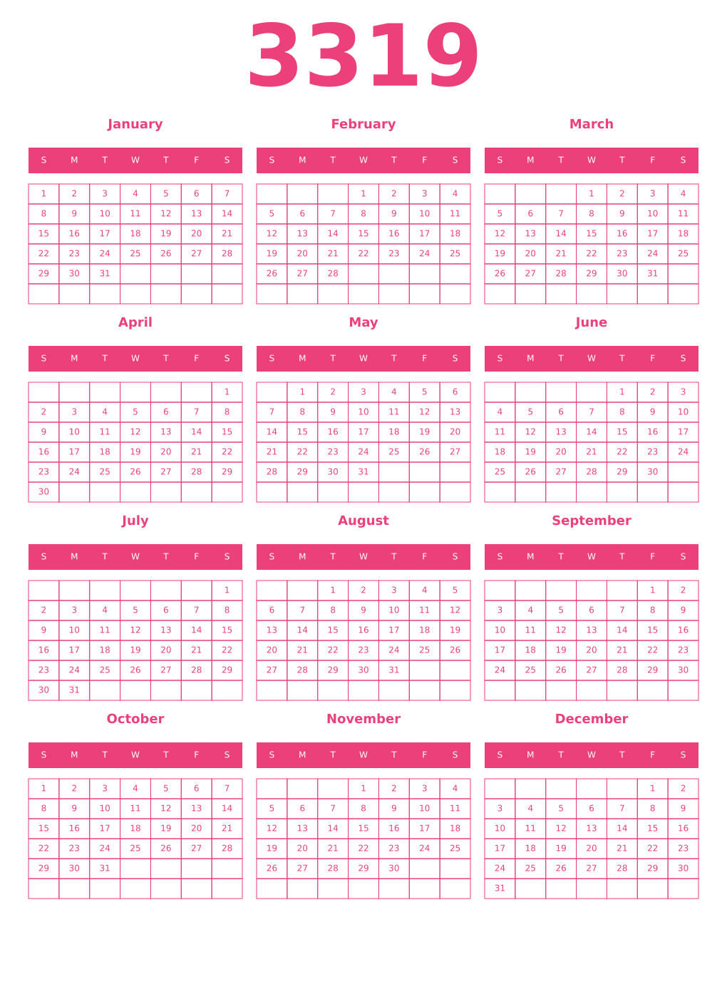 Printable 3319 Year Calendars pink
