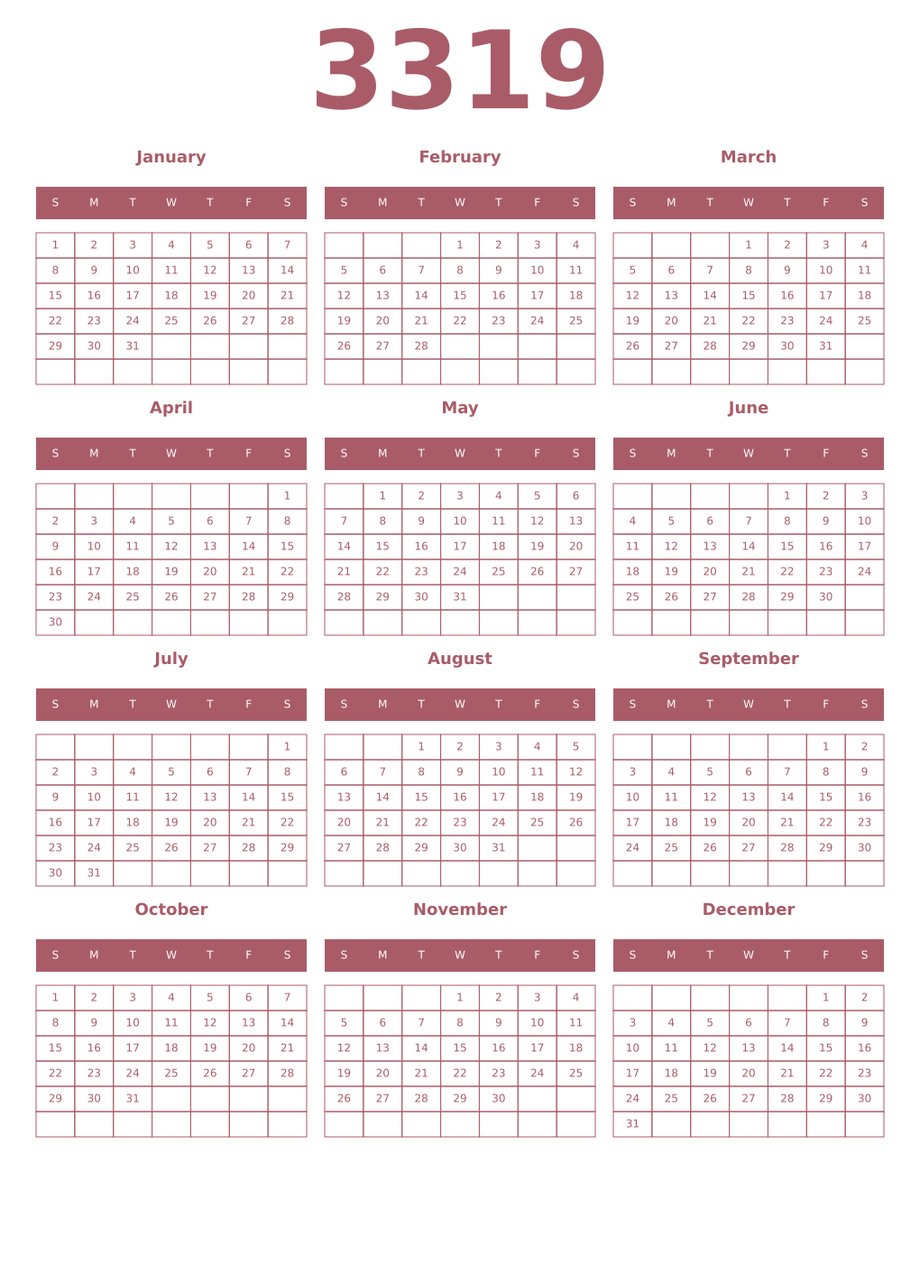 Printable 3319 Year Calendars puce