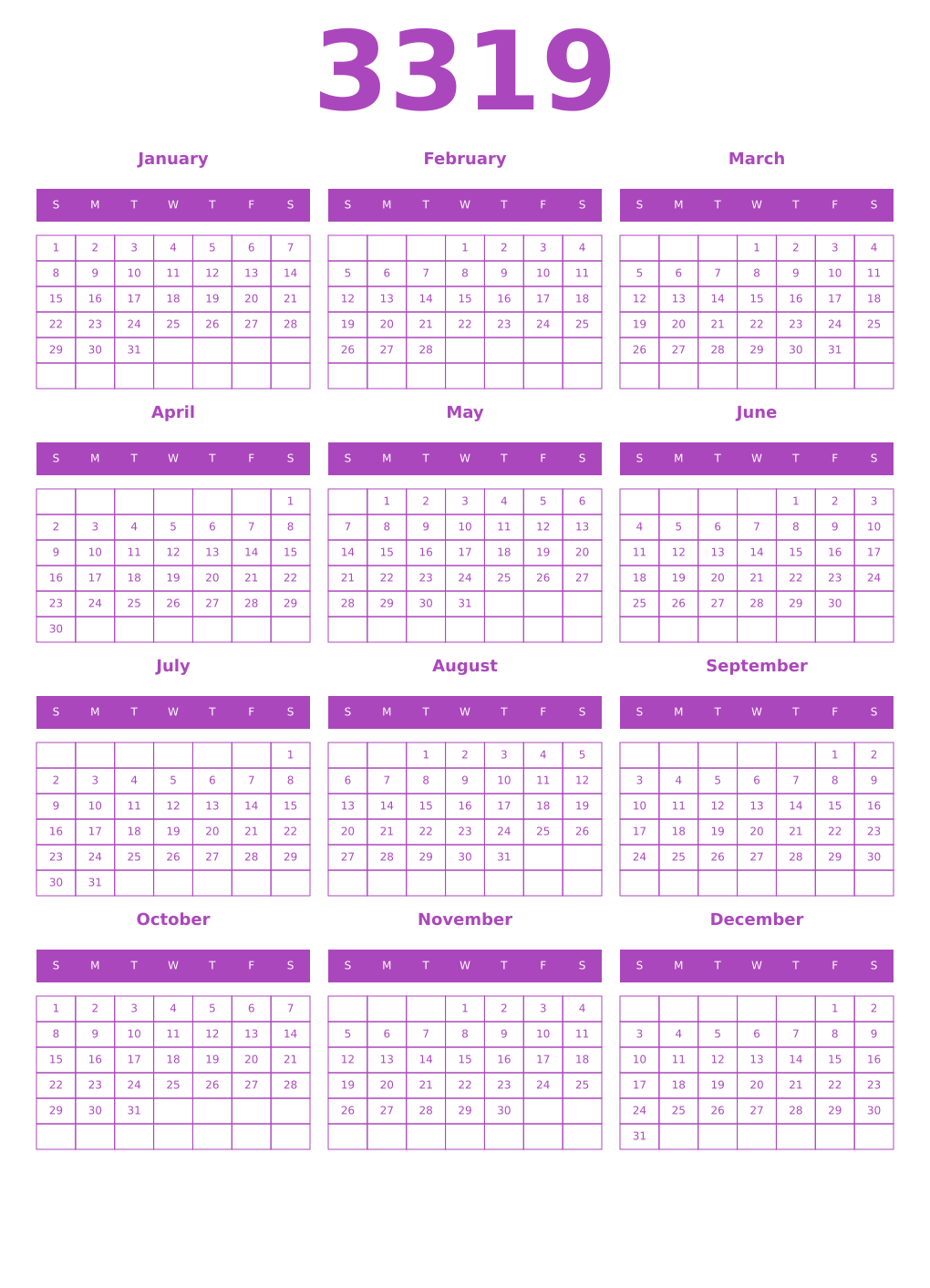 Printable 3319 Year Calendars purple