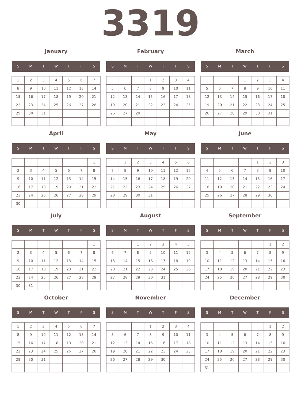 Printable 3319 Year Calendars wenge