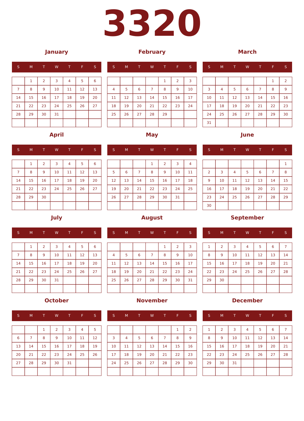 Printable 3320 Year Calendars falu