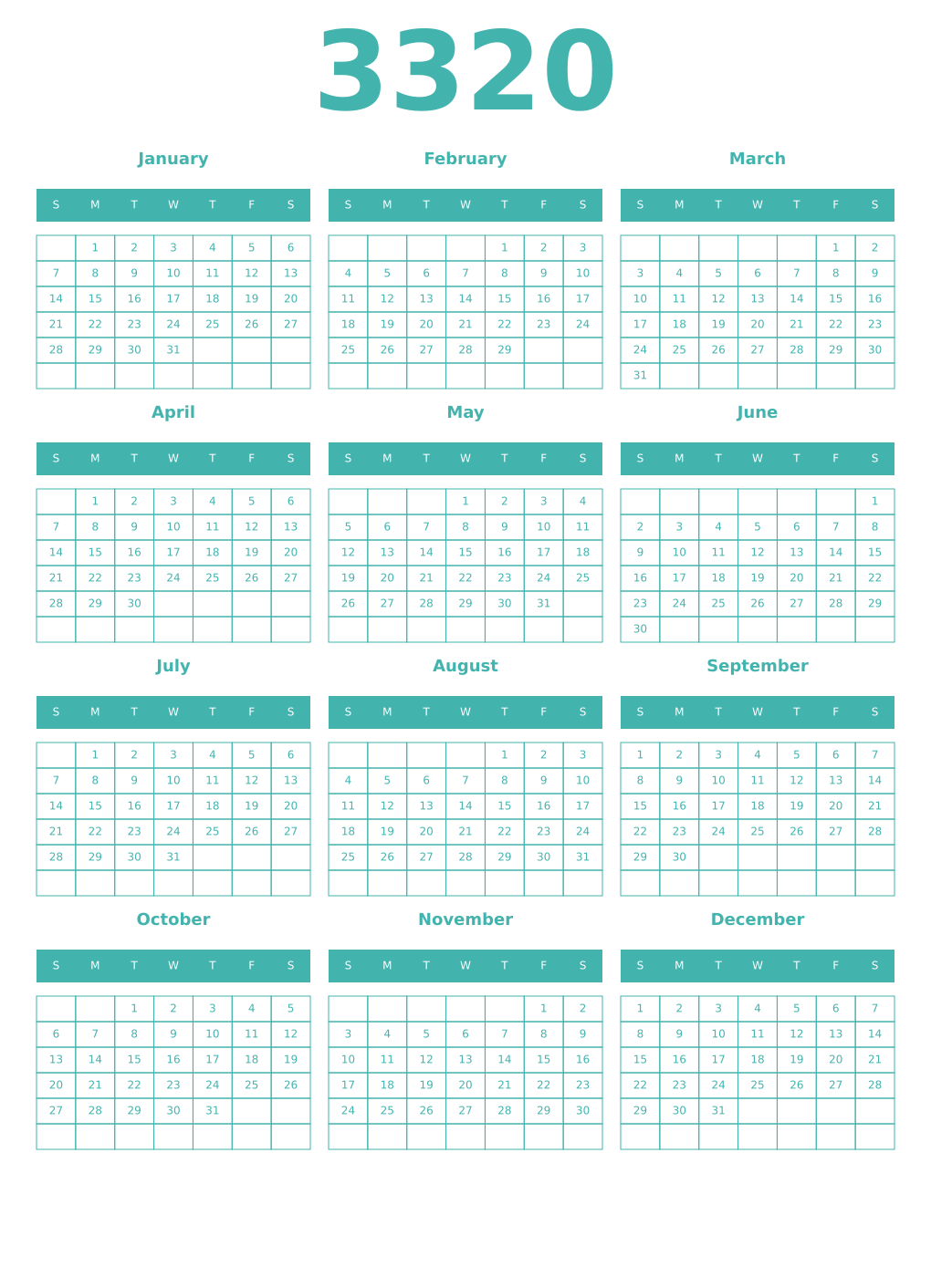 Printable 3320 Year Calendars verdigris