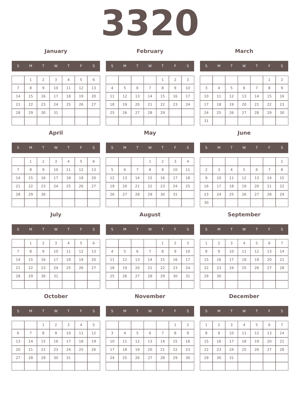 Printable 3320 Year Calendars wenge