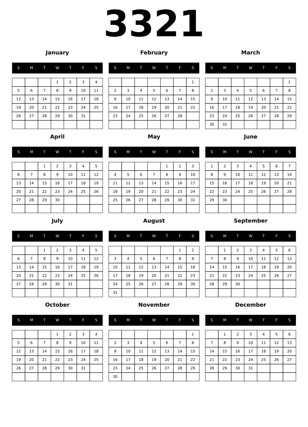 Printable 3321 Year Calendars black