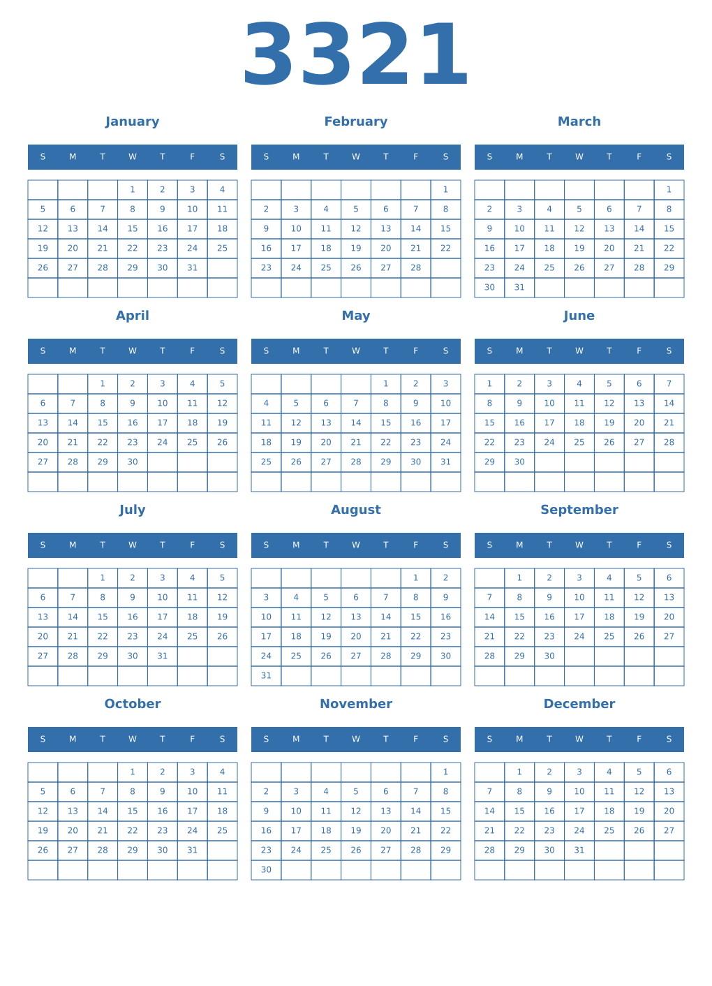 Printable 3321 Year Calendars blue