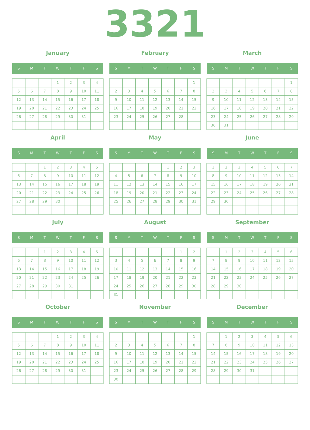 Printable 3321 Year Calendars celadon