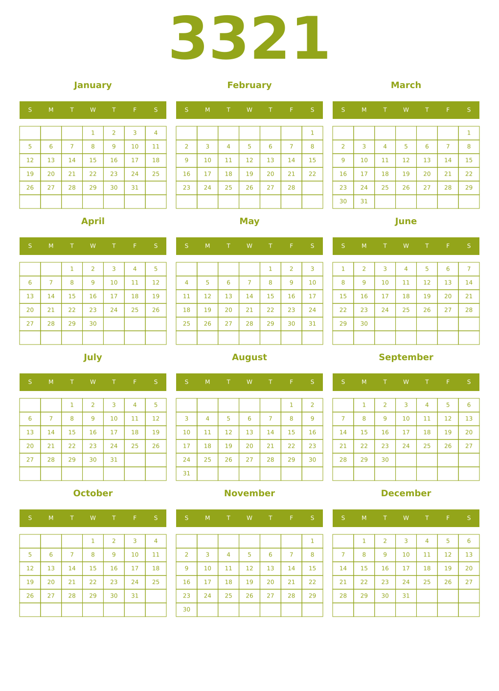 Printable 3321 Year Calendars chartreuse