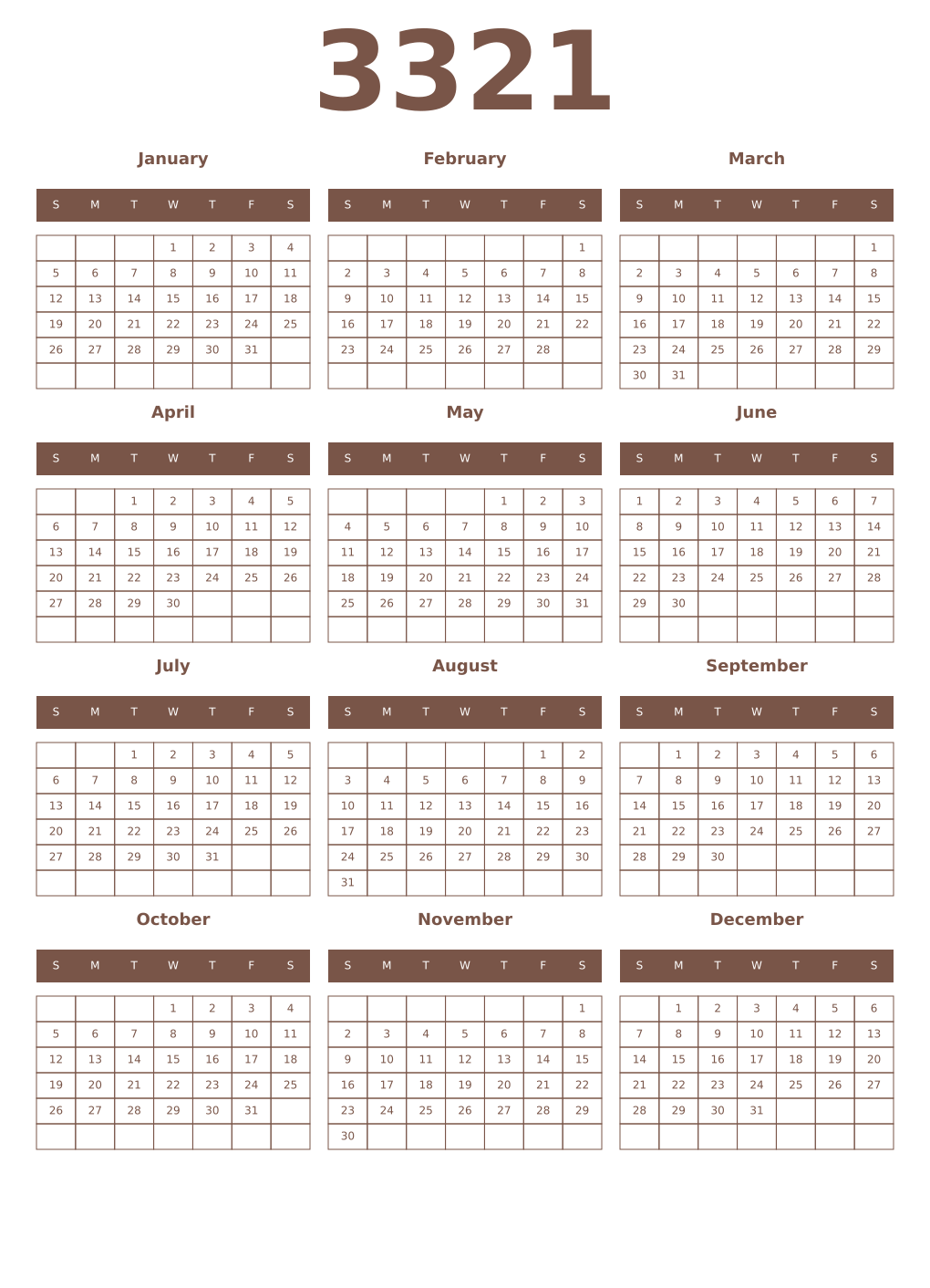 Printable 3321 Year Calendars coffe