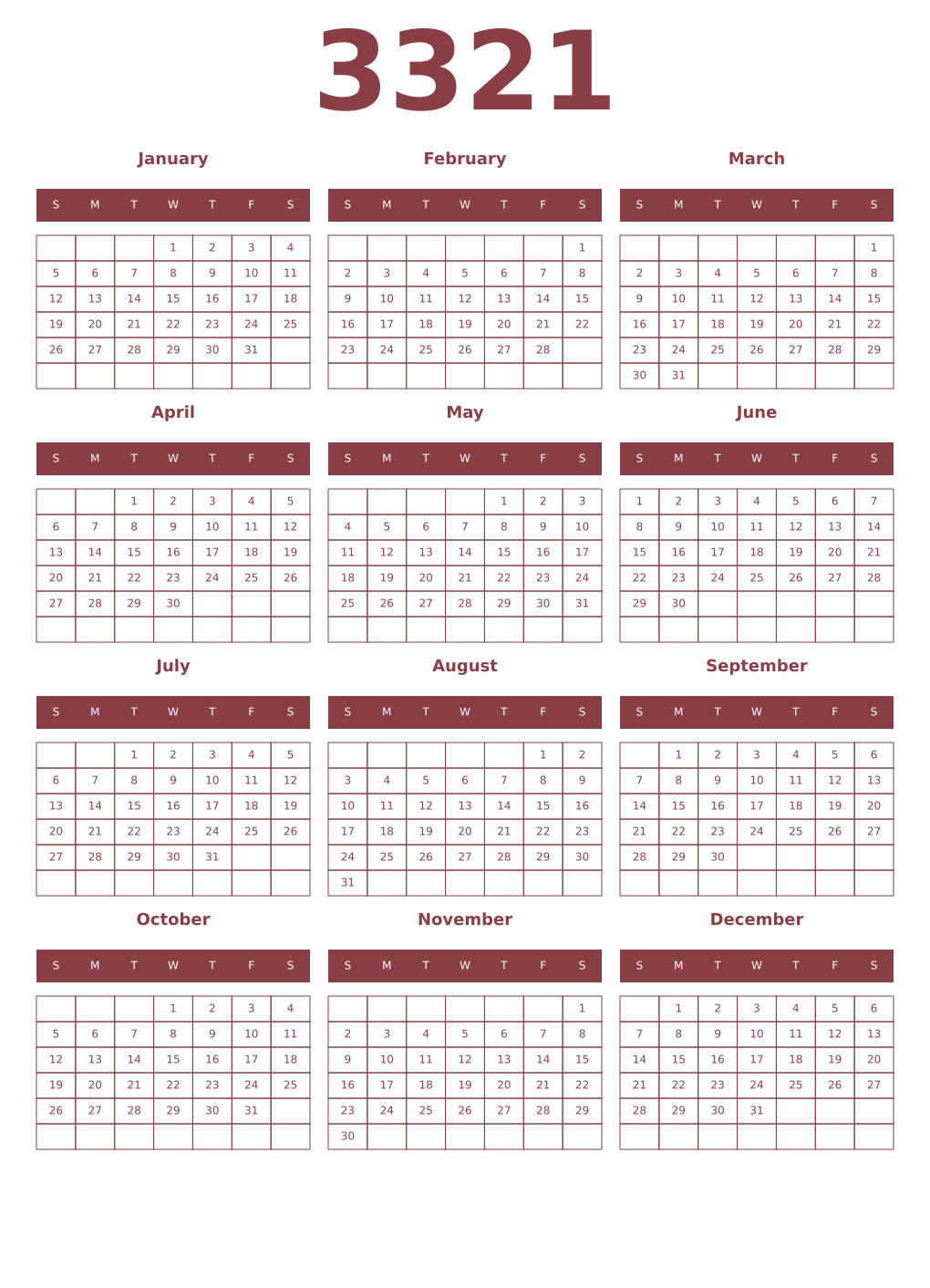 Printable 3321 Year Calendars cordovan