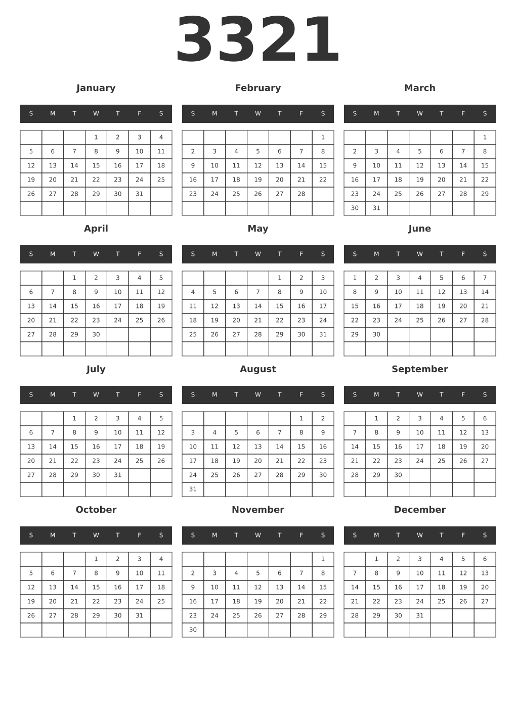 Printable 3321 Year Calendars dark