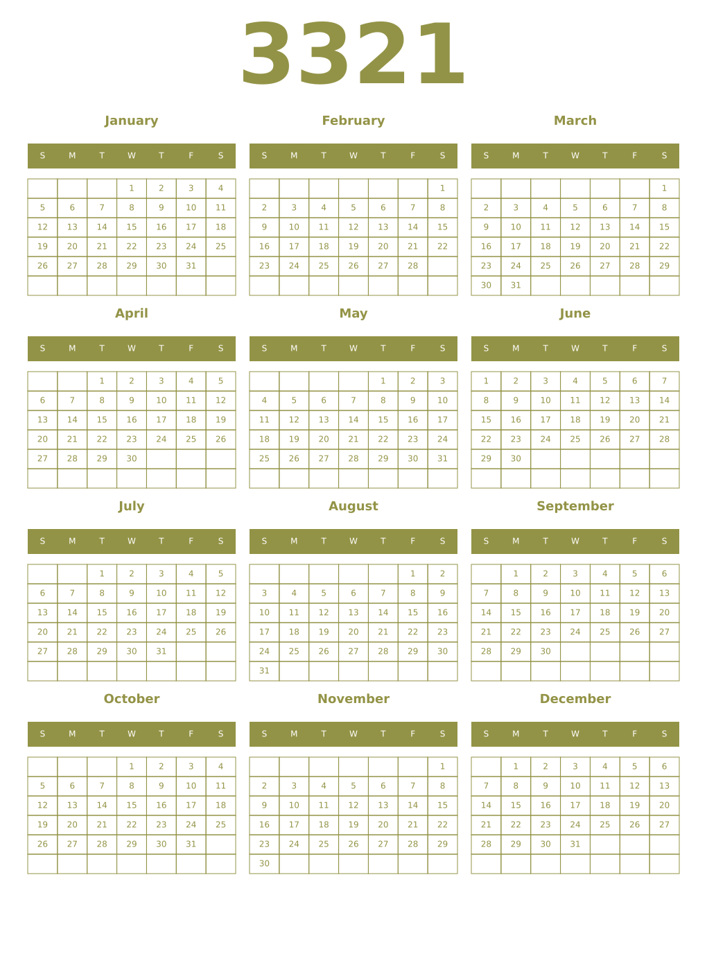 Printable 3321 Year Calendars eburnean