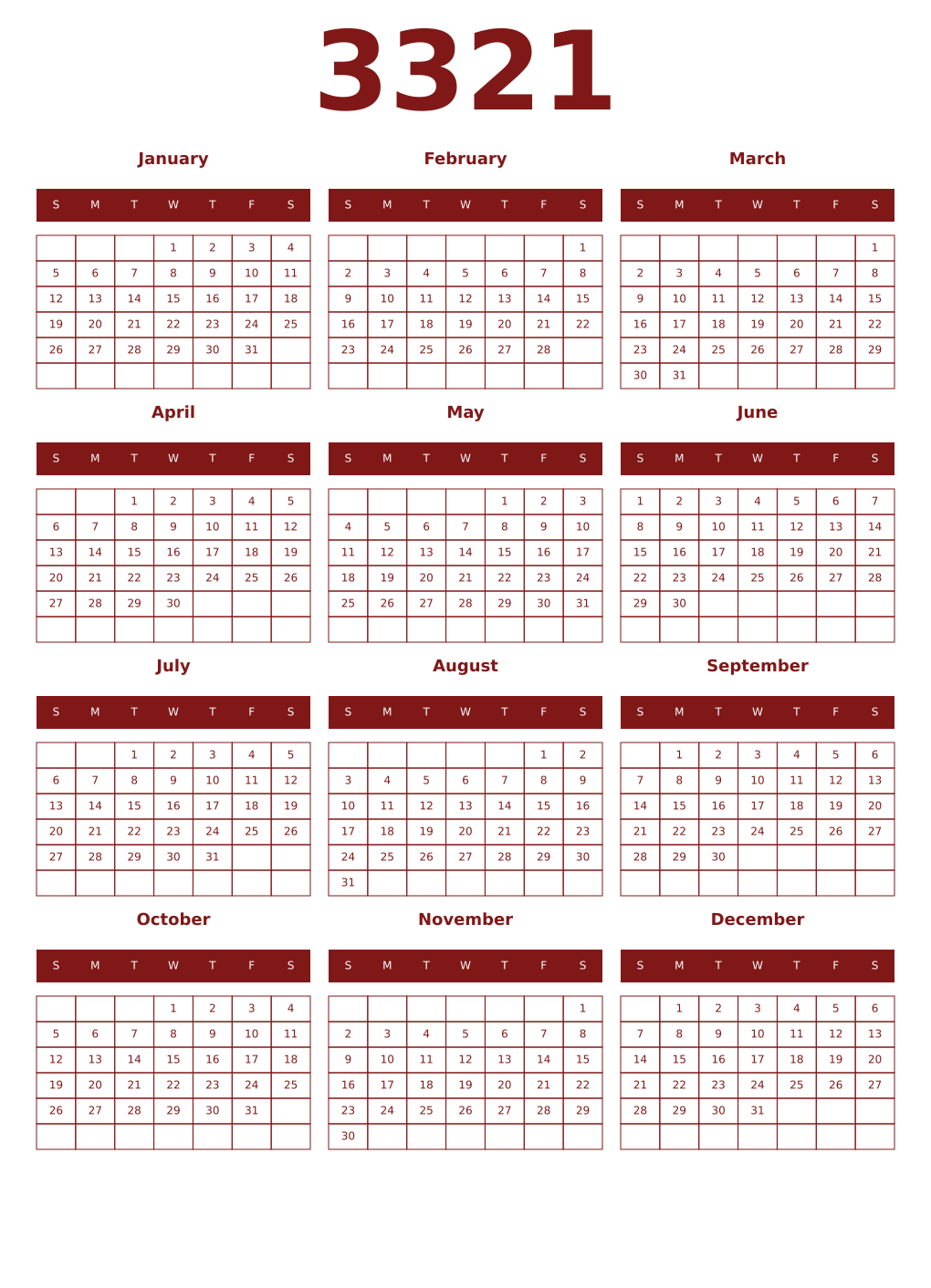 Printable 3321 Year Calendars falu