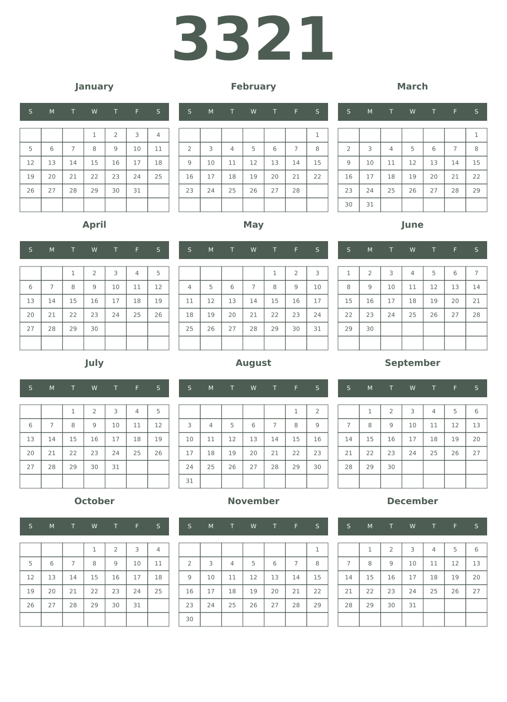 Printable 3321 Year Calendars feldgrau