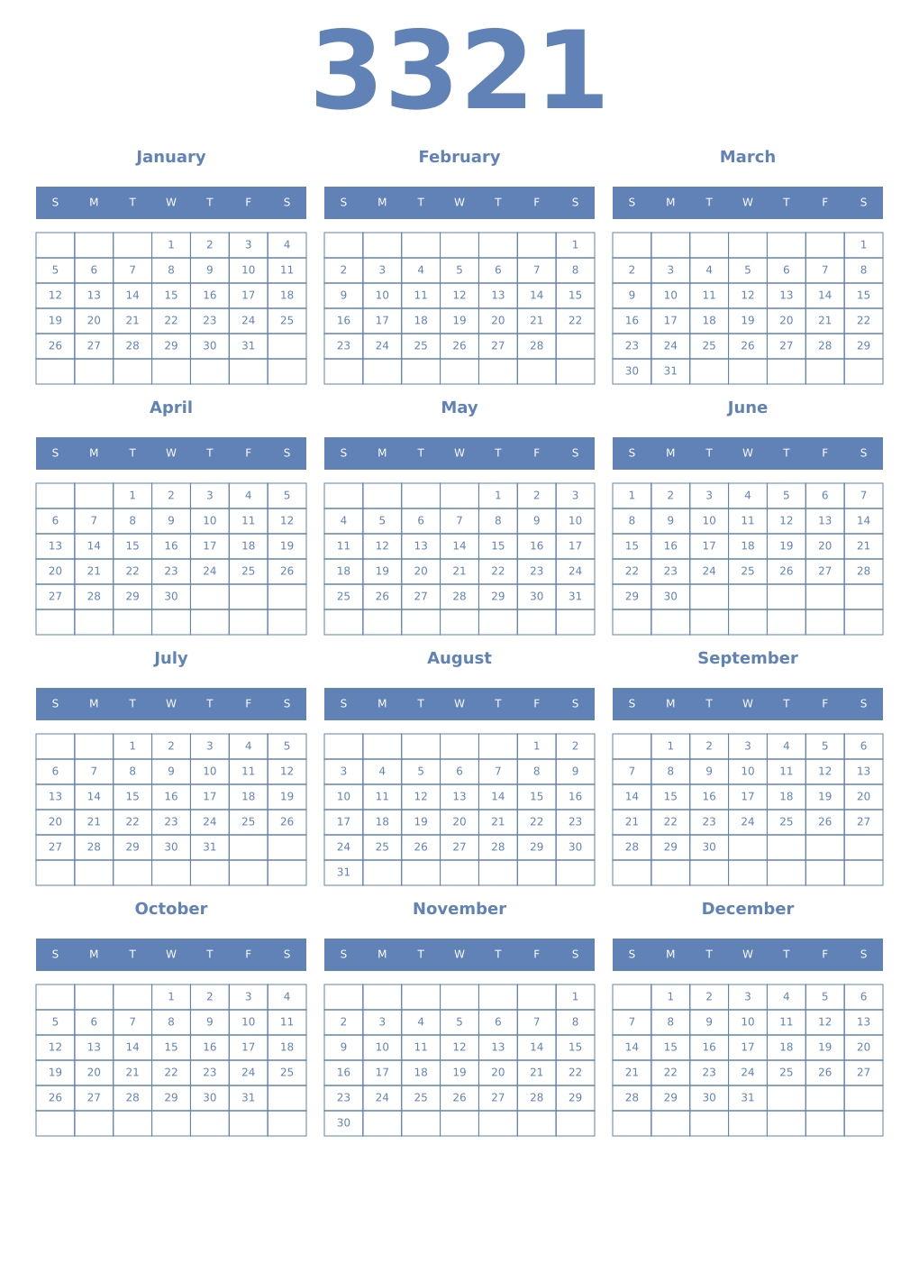 Printable 3321 Year Calendars glaucous
