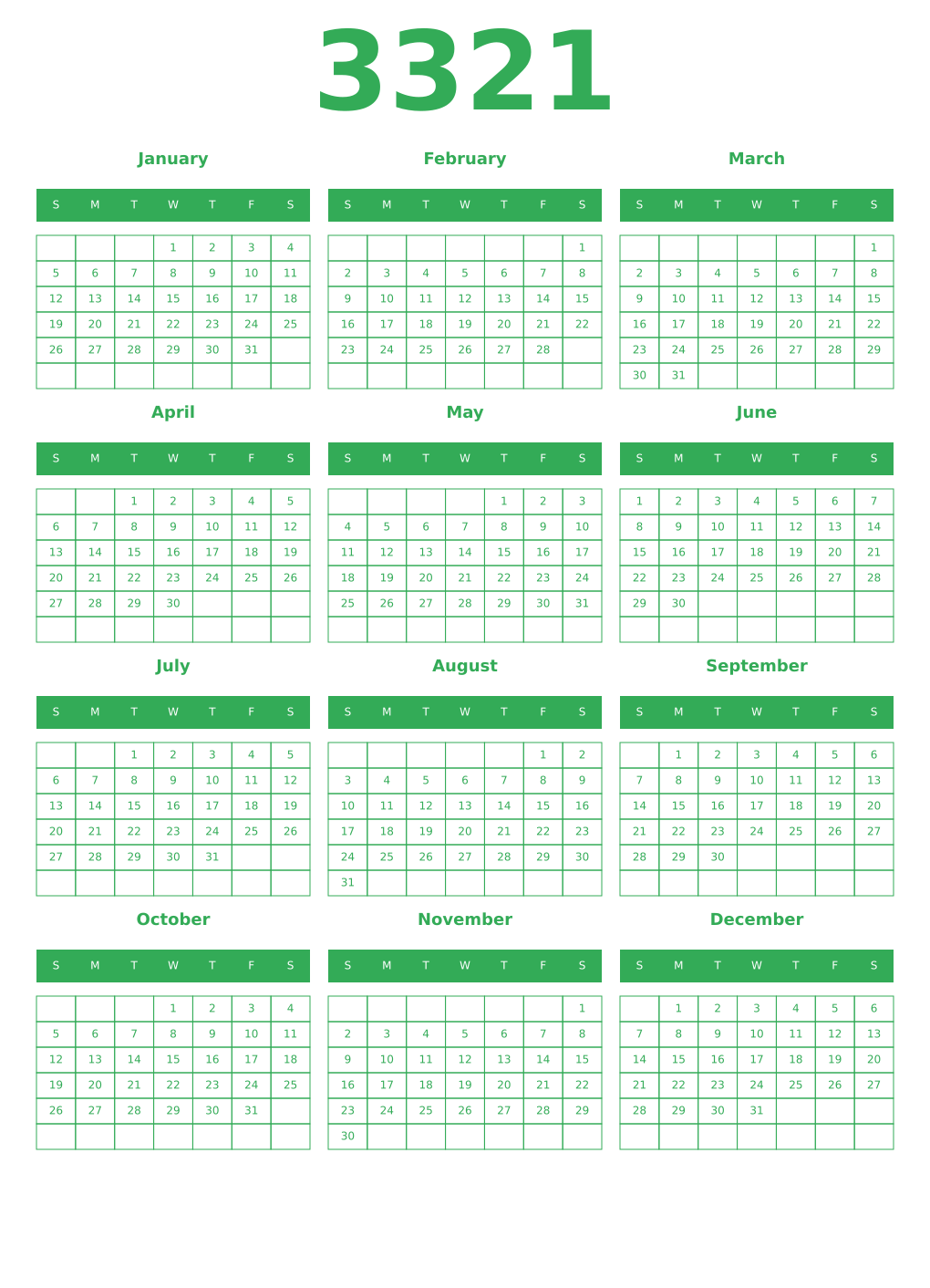 Printable 3321 Year Calendars green