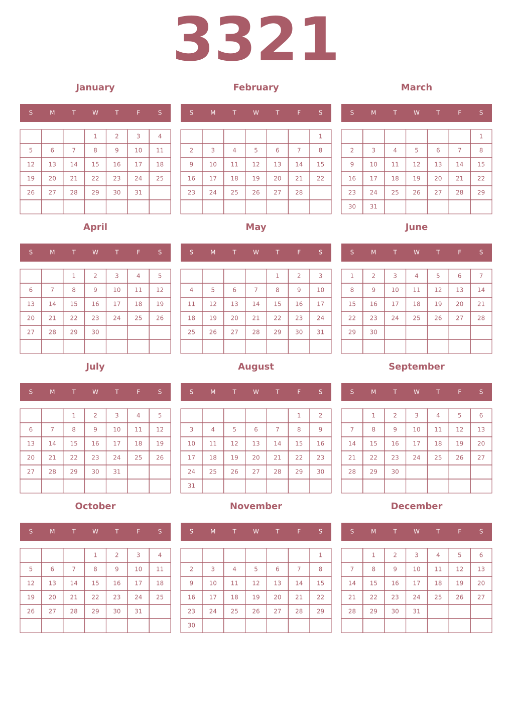 Printable 3321 Year Calendars puce