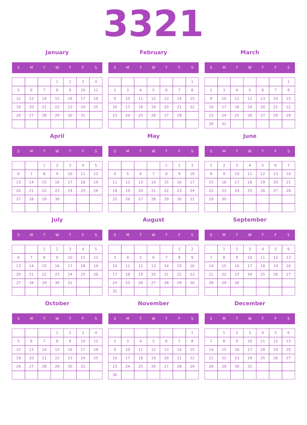 Printable 3321 Year Calendars purple