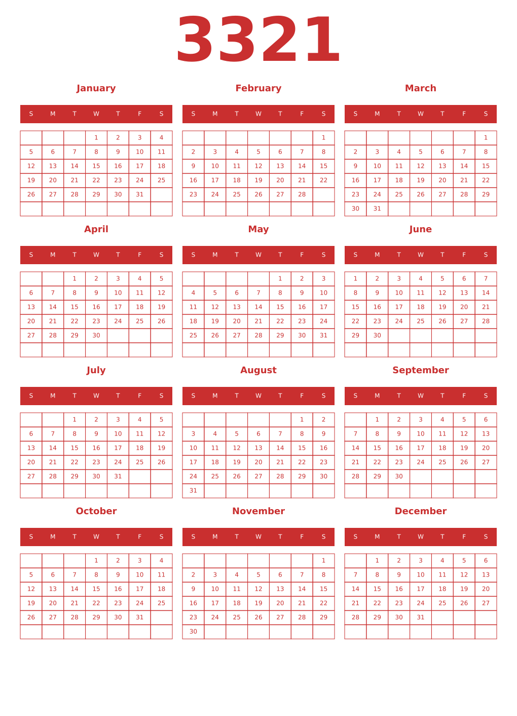 Printable 3321 Year Calendars red