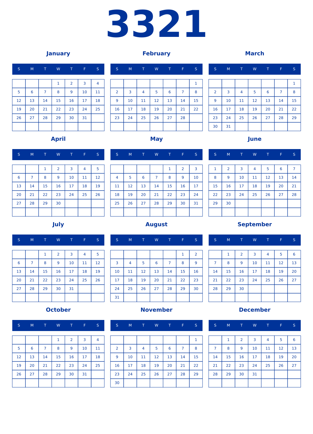 Printable 3321 Year Calendars smalt