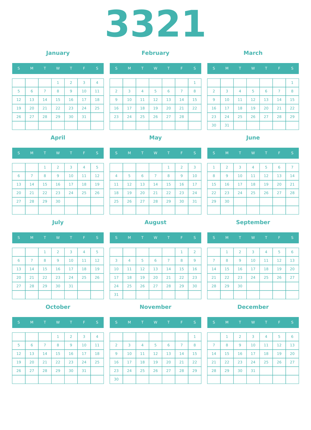 Printable 3321 Year Calendars verdigris