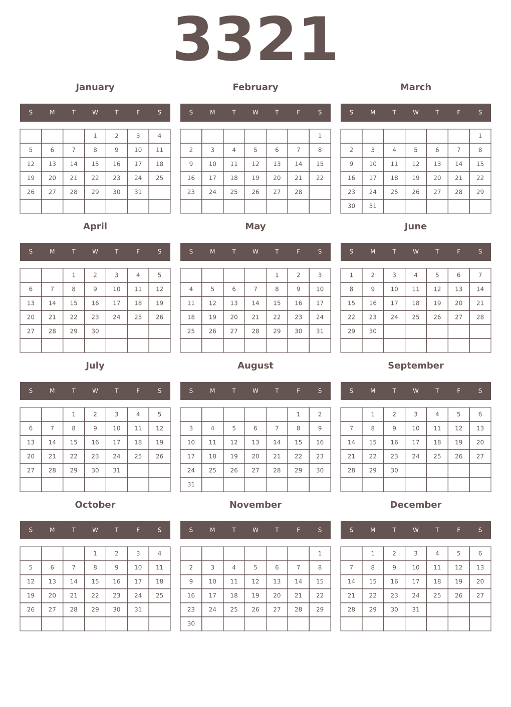 Printable 3321 Year Calendars wenge