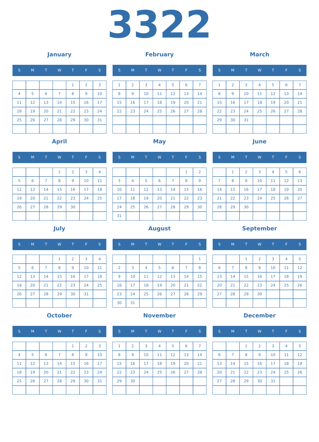 Printable 3322 Year Calendars blue