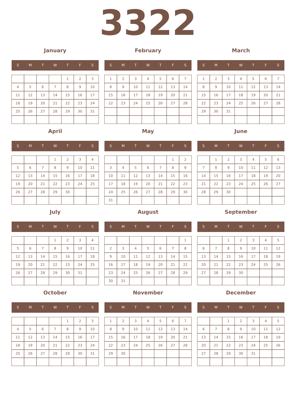 Printable 3322 Year Calendars coffe