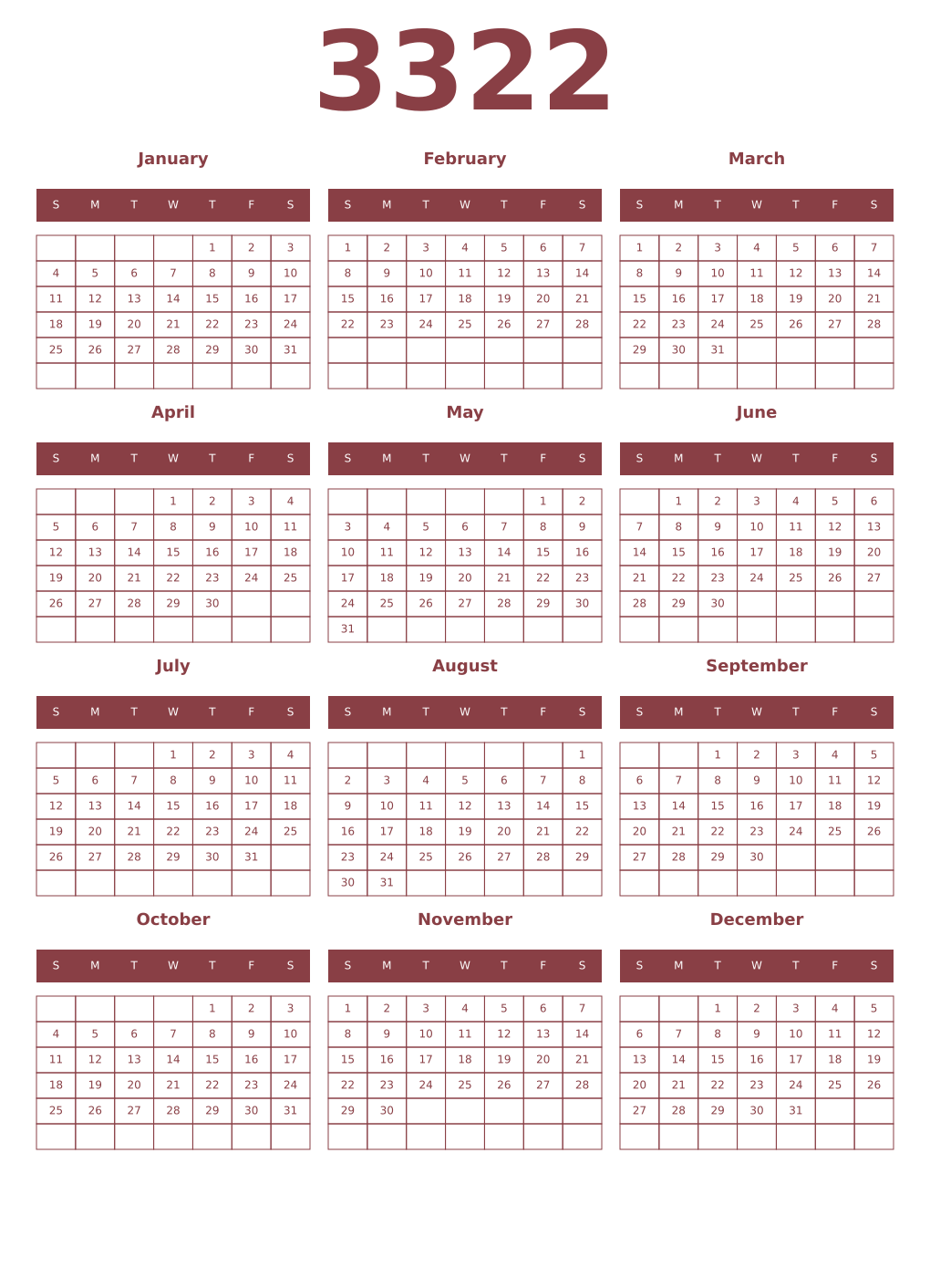 Printable 3322 Year Calendars cordovan
