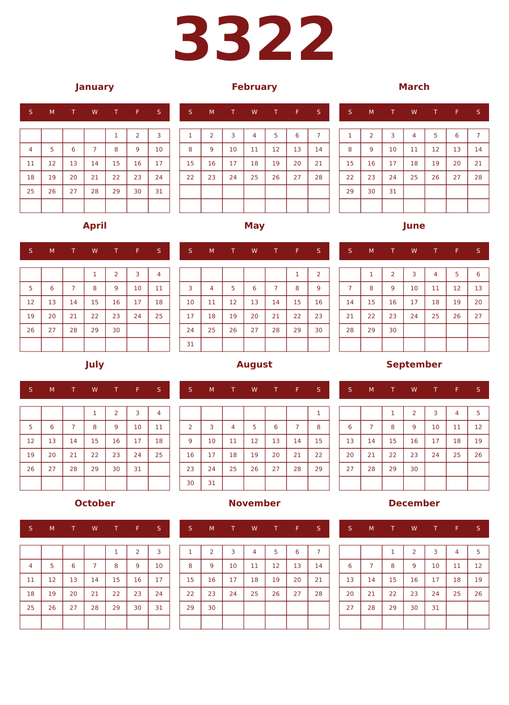 Printable 3322 Year Calendars falu