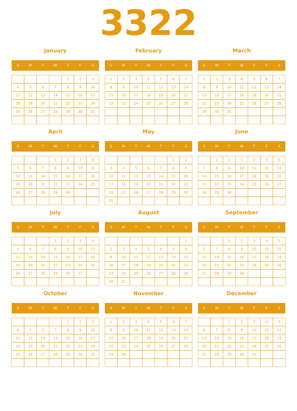 Printable 3322 Year Calendars gamboge
