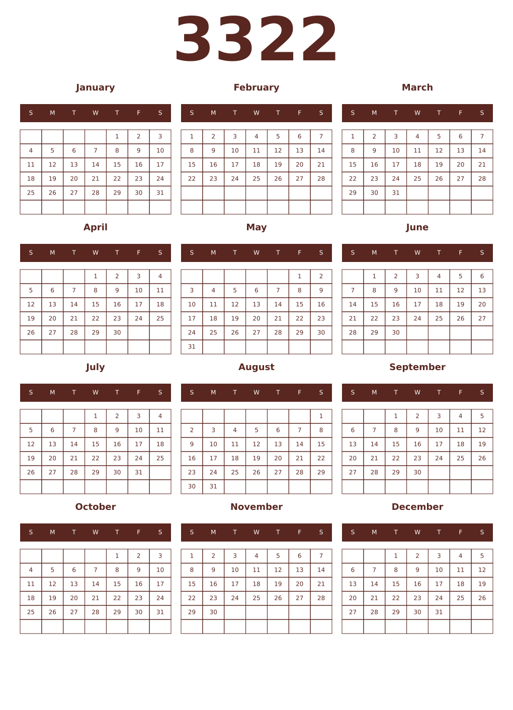 Printable 3322 Year Calendars mortuum