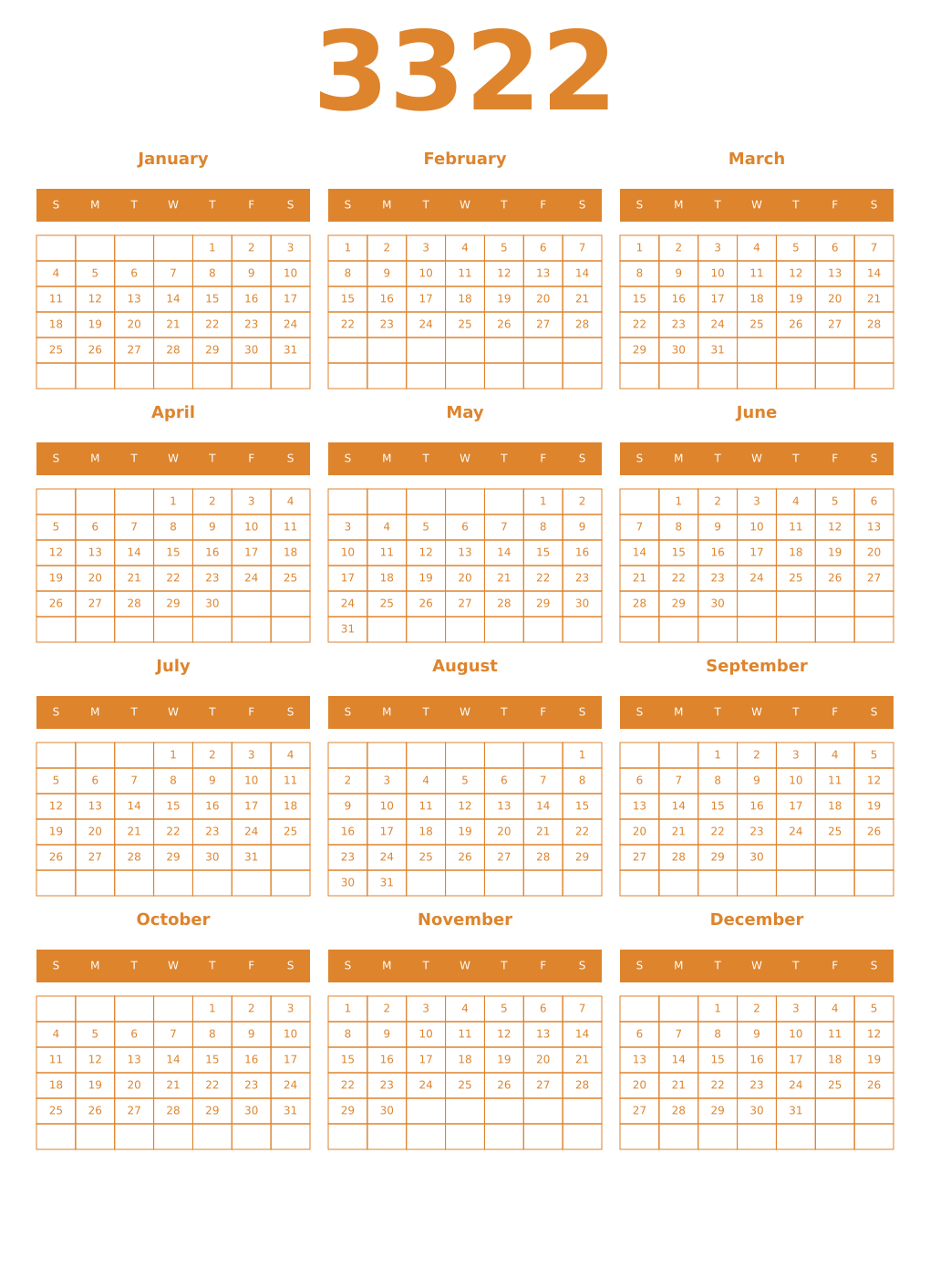 Printable 3322 Year Calendars orange