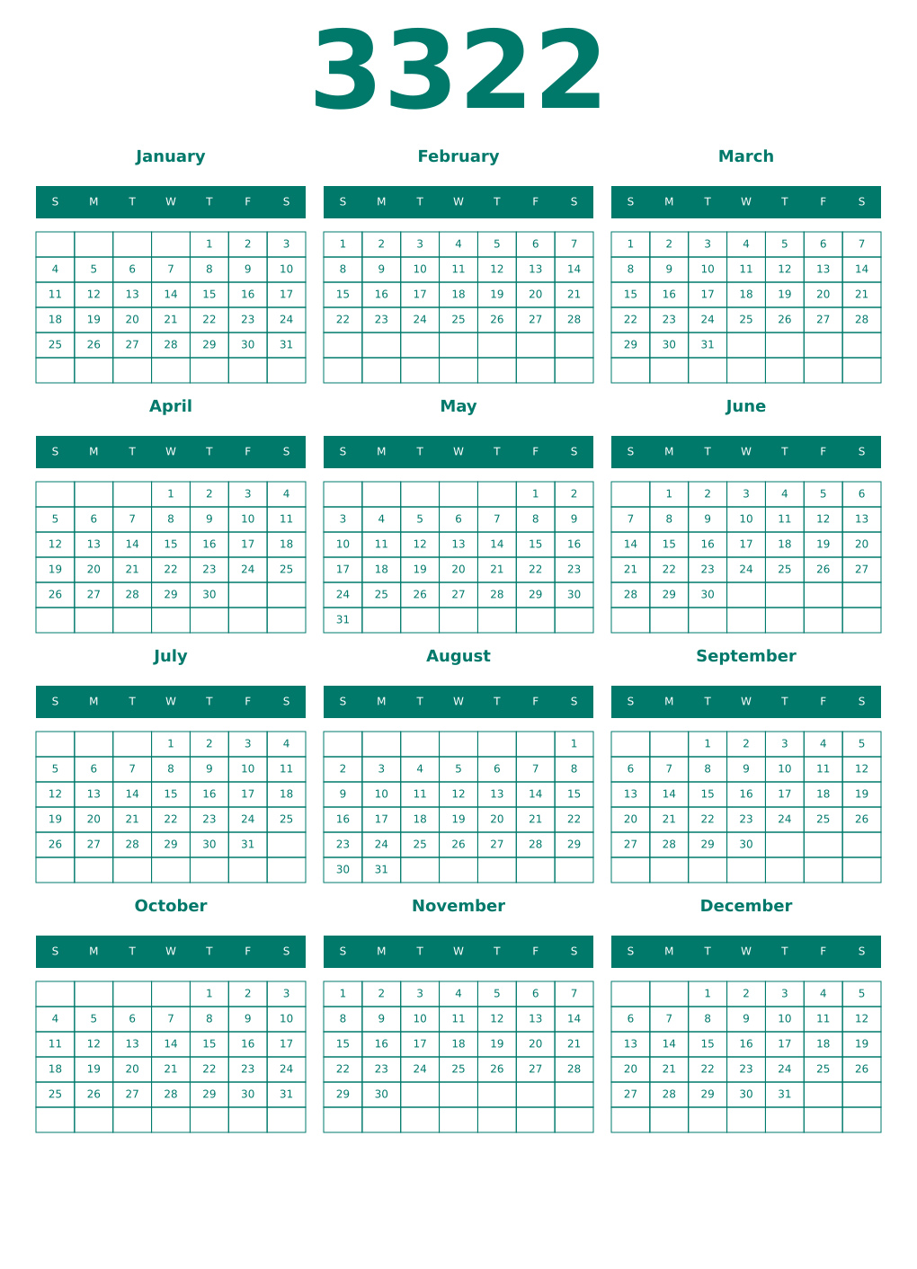 Printable 3322 Year Calendars pastel
