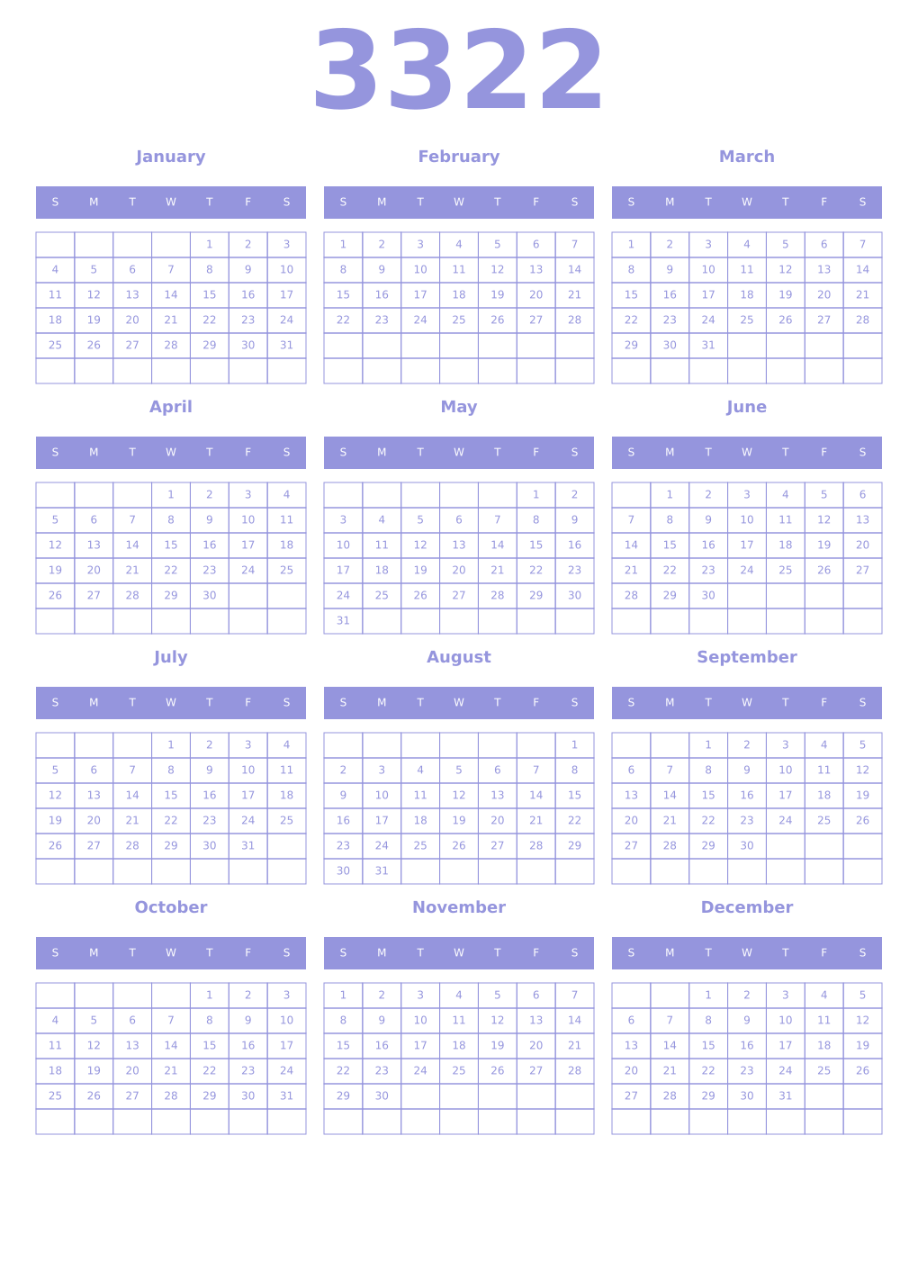 Printable 3322 Year Calendars periwinkle