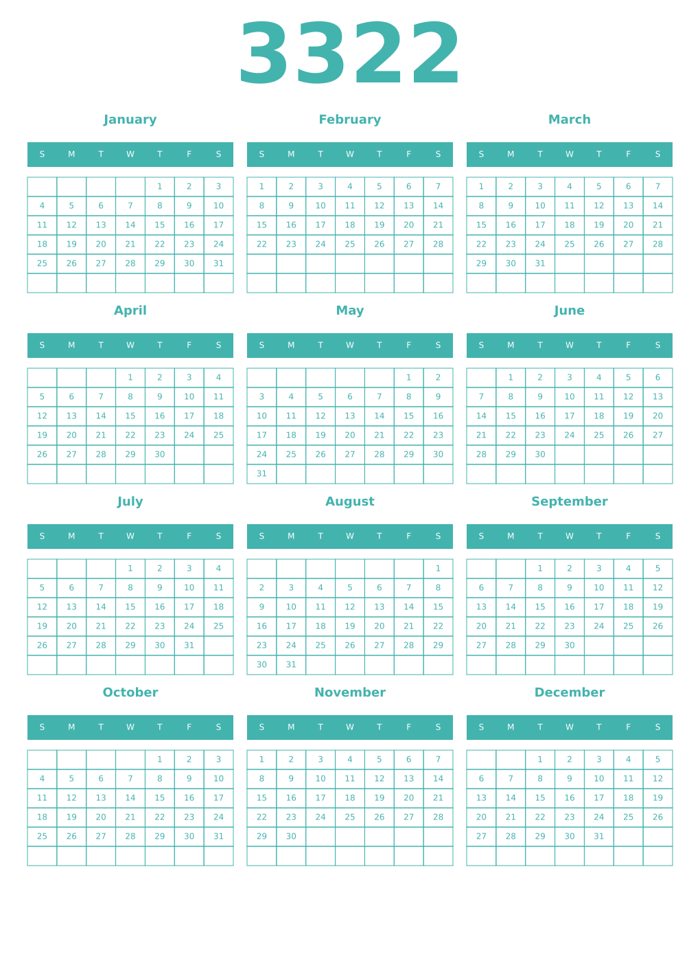 Printable 3322 Year Calendars verdigris