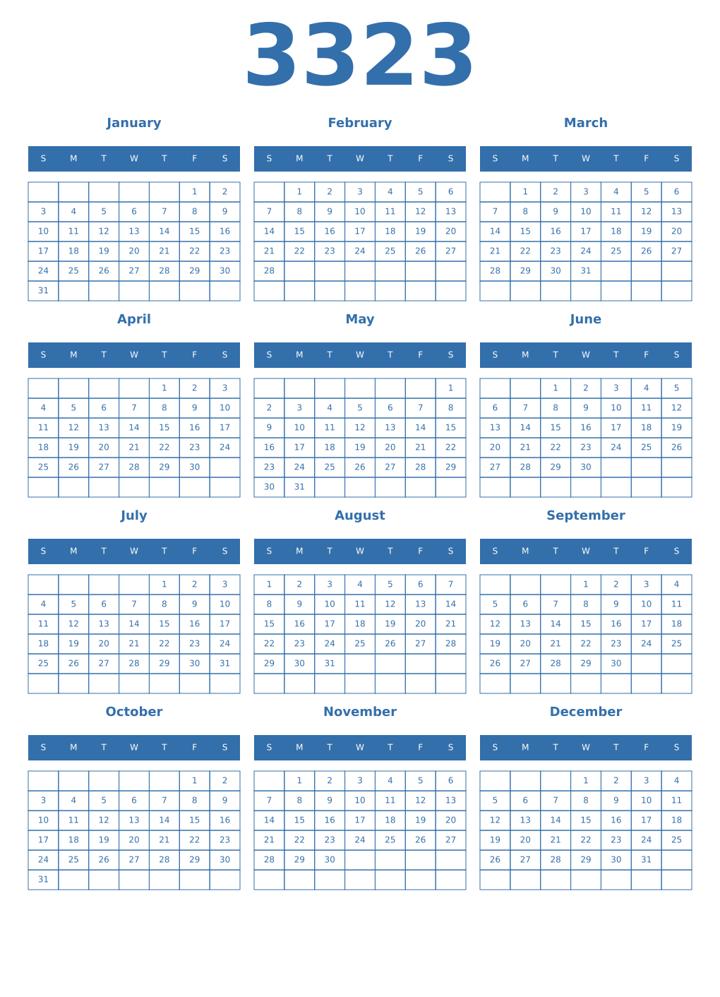 Printable 3323 Year Calendars blue