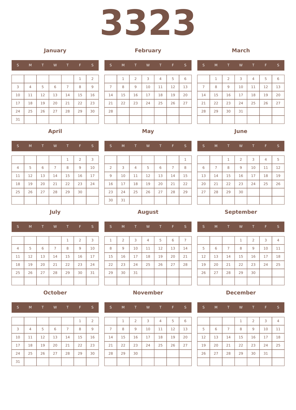 Printable 3323 Year Calendars coffe