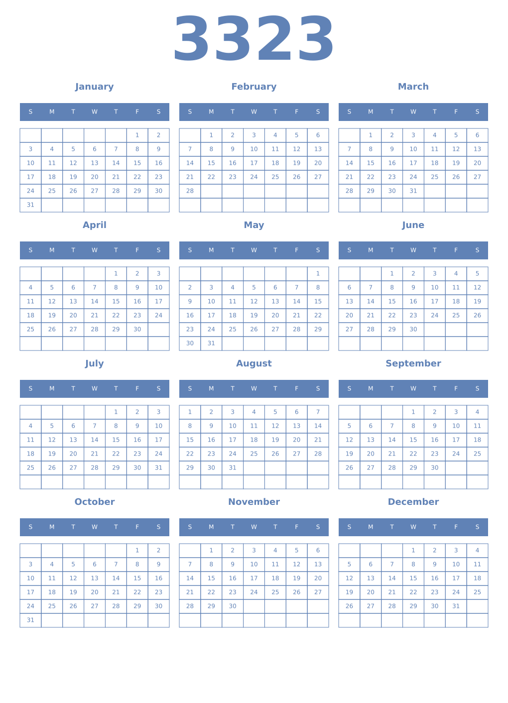 Printable 3323 Year Calendars glaucous