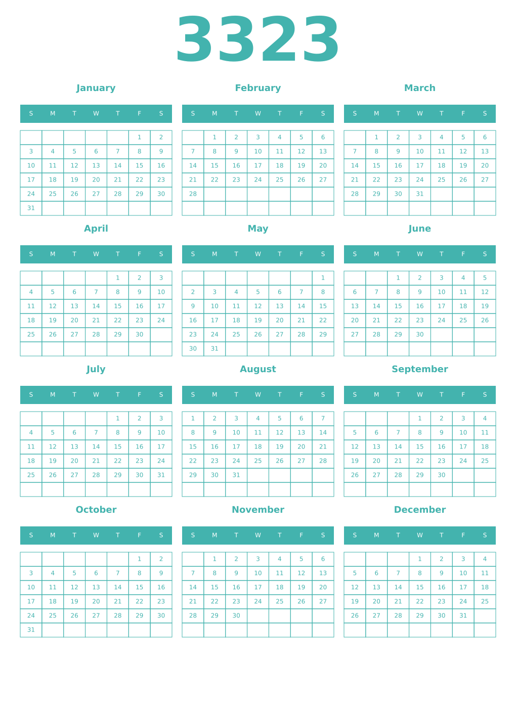 Printable 3323 Year Calendars verdigris