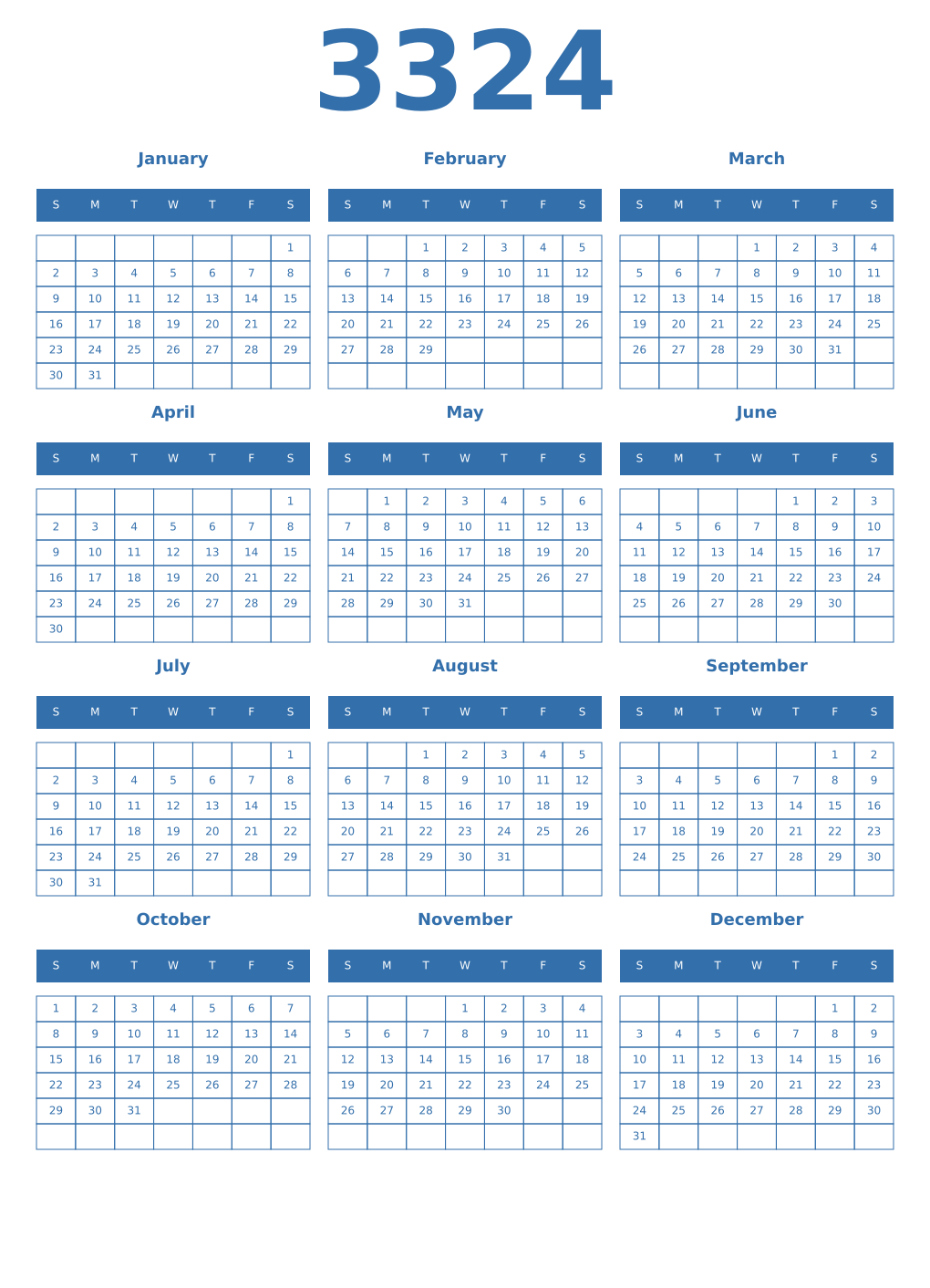 Printable 3324 Year Calendars blue