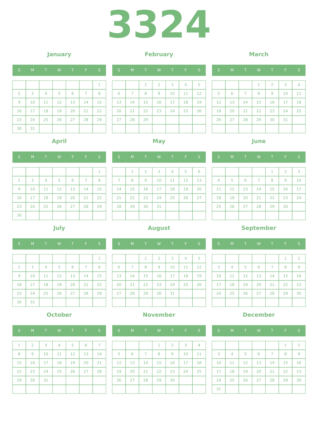 Printable 3324 Year Calendars celadon