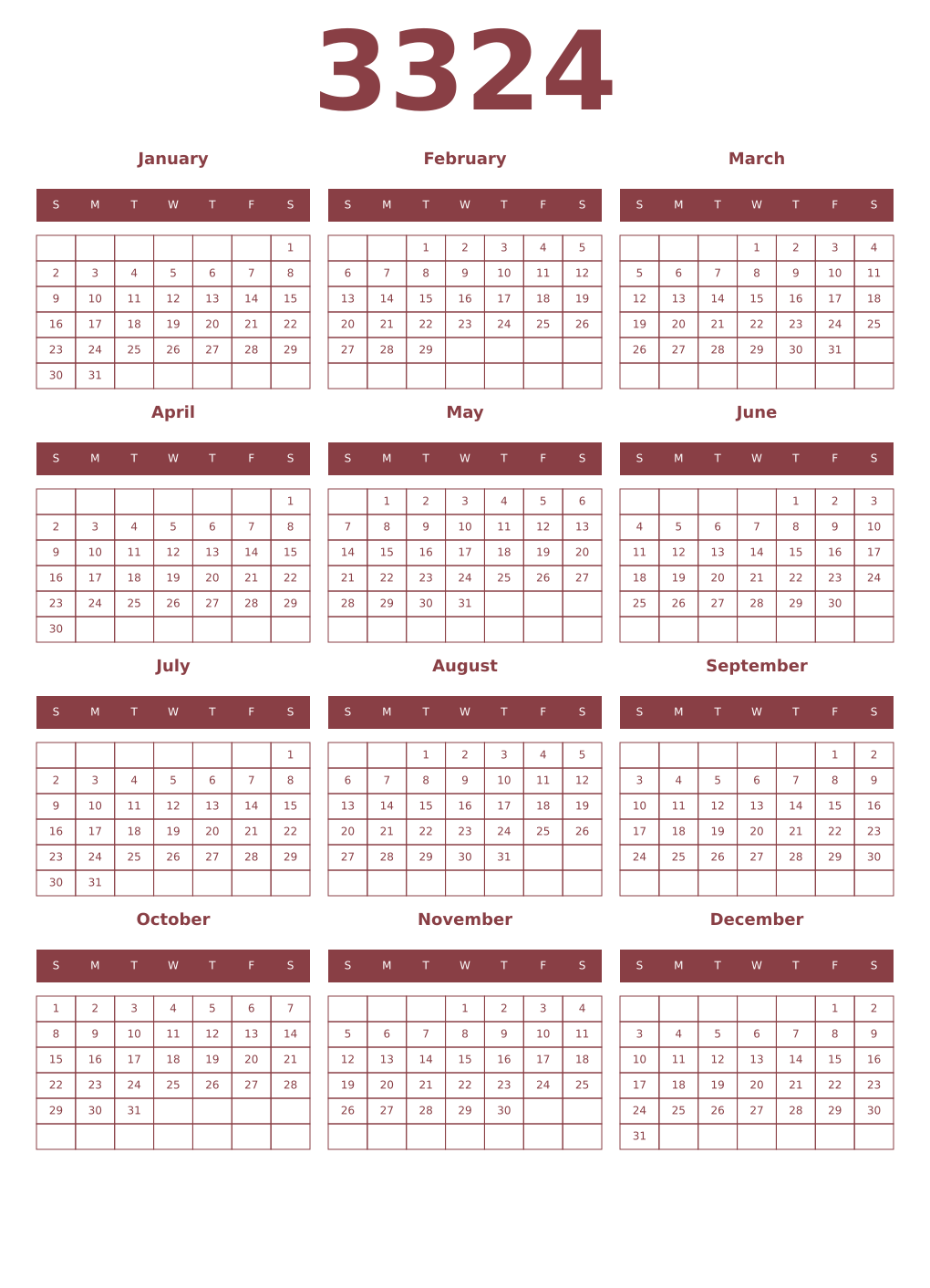 Printable 3324 Year Calendars cordovan