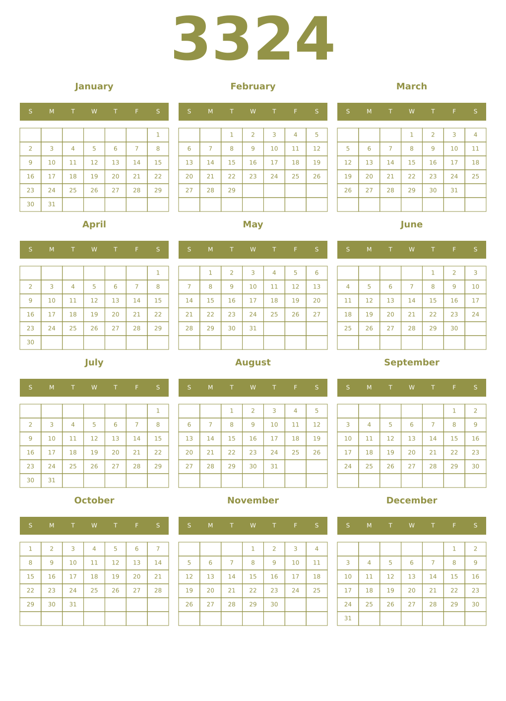 Printable 3324 Year Calendars eburnean