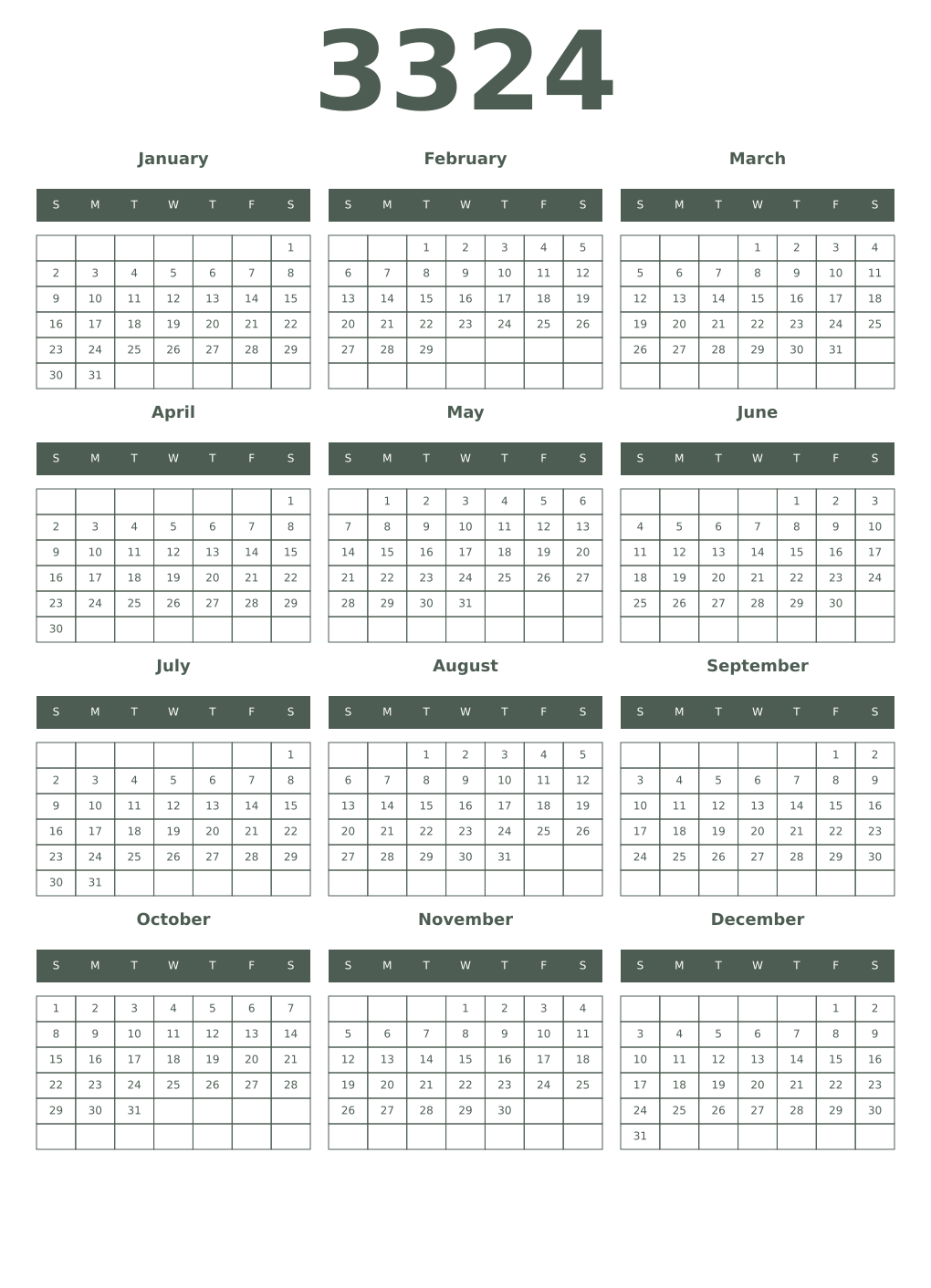 Printable 3324 Year Calendars feldgrau