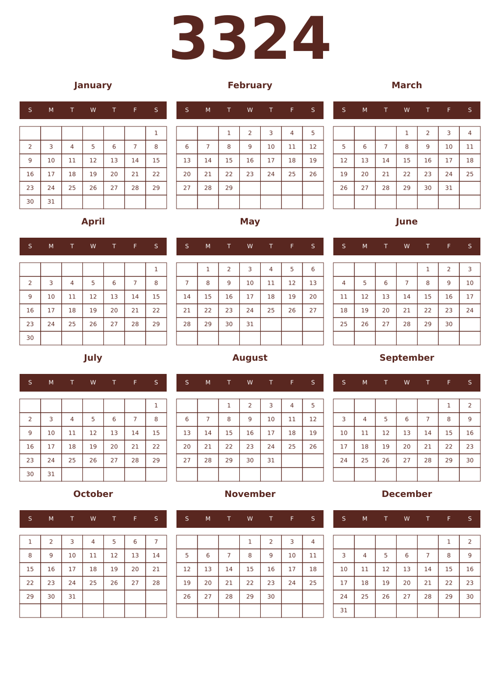 Printable 3324 Year Calendars mortuum